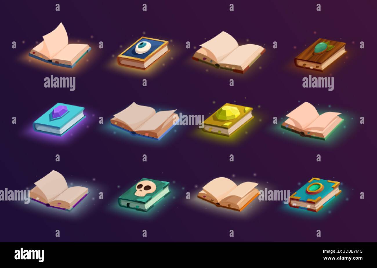 Ouvrez des livres magiques. Fermé blocs-notes ouverts avec des pages vides, des modèles décoratifs. Livre de sorcellerie avec amulettes, pierres précieuses, crâne, jeu de vecteur sapid Illustration de Vecteur