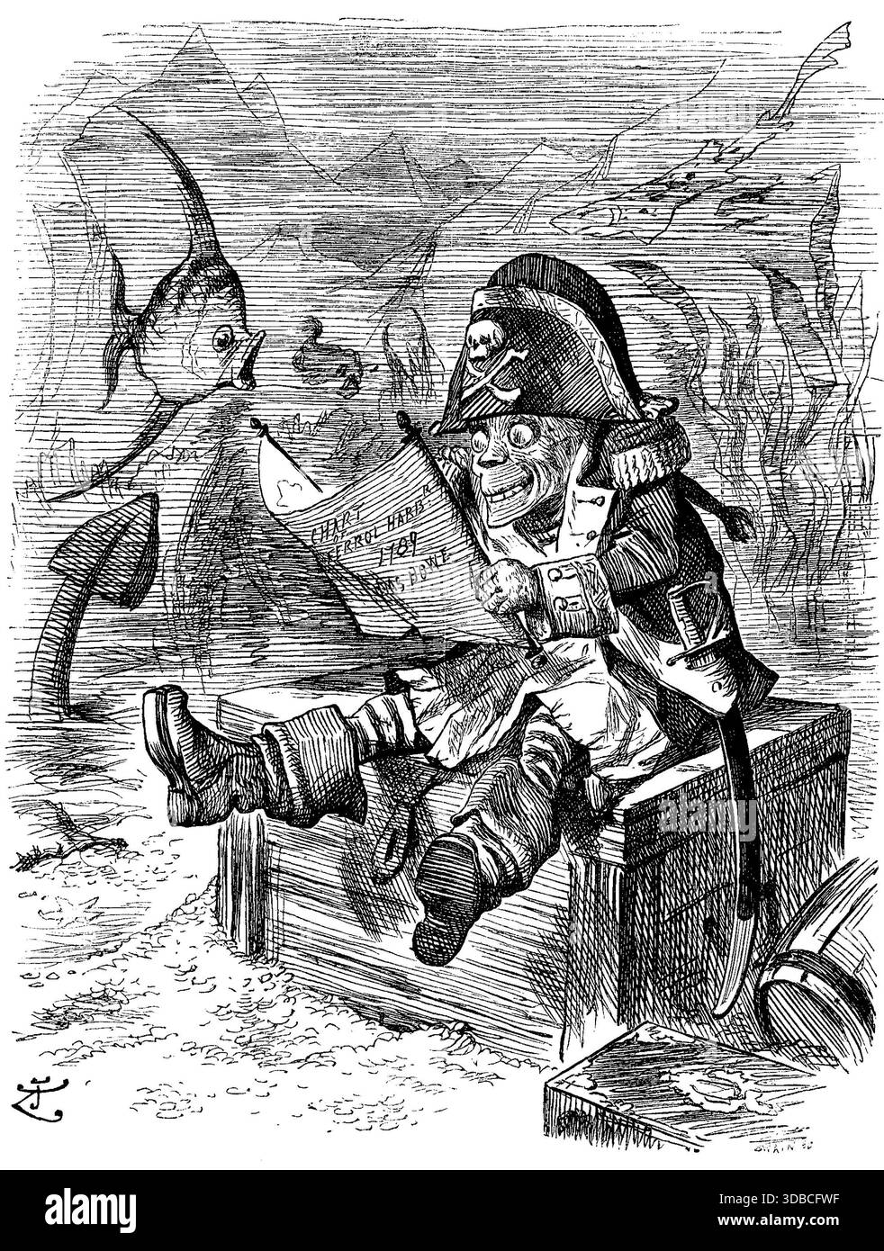 Illustration historique intitulée Davy Jones’ Locker, montrant la figure du folklore maritime assise sur un coffre tout en lisant une carte navale suivant l’échouement du HMS Howe au port de Ferrol. Publié dans Punch, volume 103, 10 décembre 1892. Illustration par John Tenniel. Banque D'Images