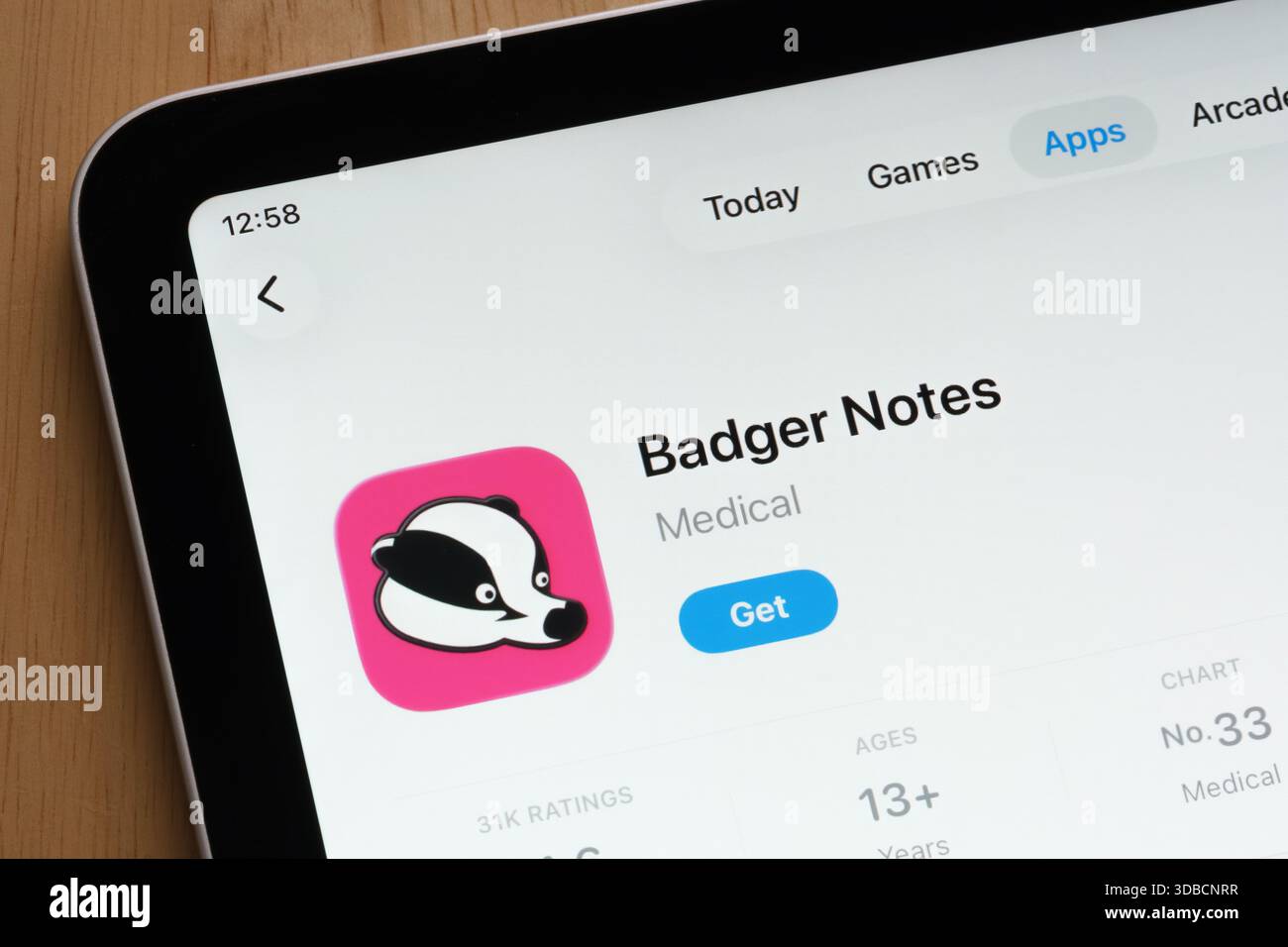 Application de santé numérique Badger Notes affichée sur un écran iPad dans l'App Store. Stafford, Royaume-Uni, 15 décembre 2025 Banque D'Images