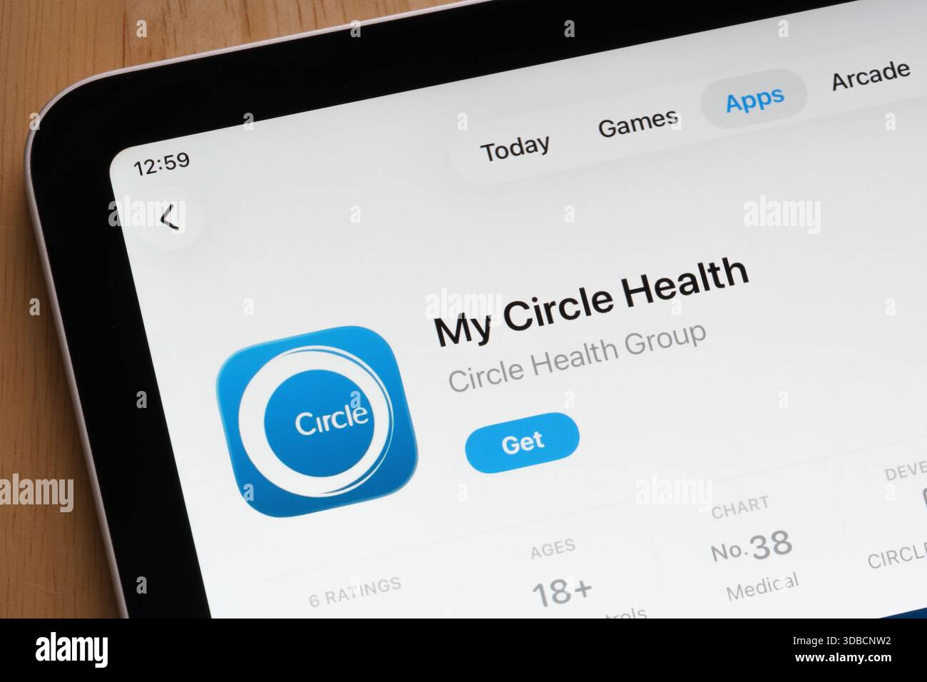 Liste de l'application My Circle Health affichée sur l'App Store d'Apple iPad avec note et résumé. Stafford, Royaume-Uni, 15 décembre 2025 Banque D'Images