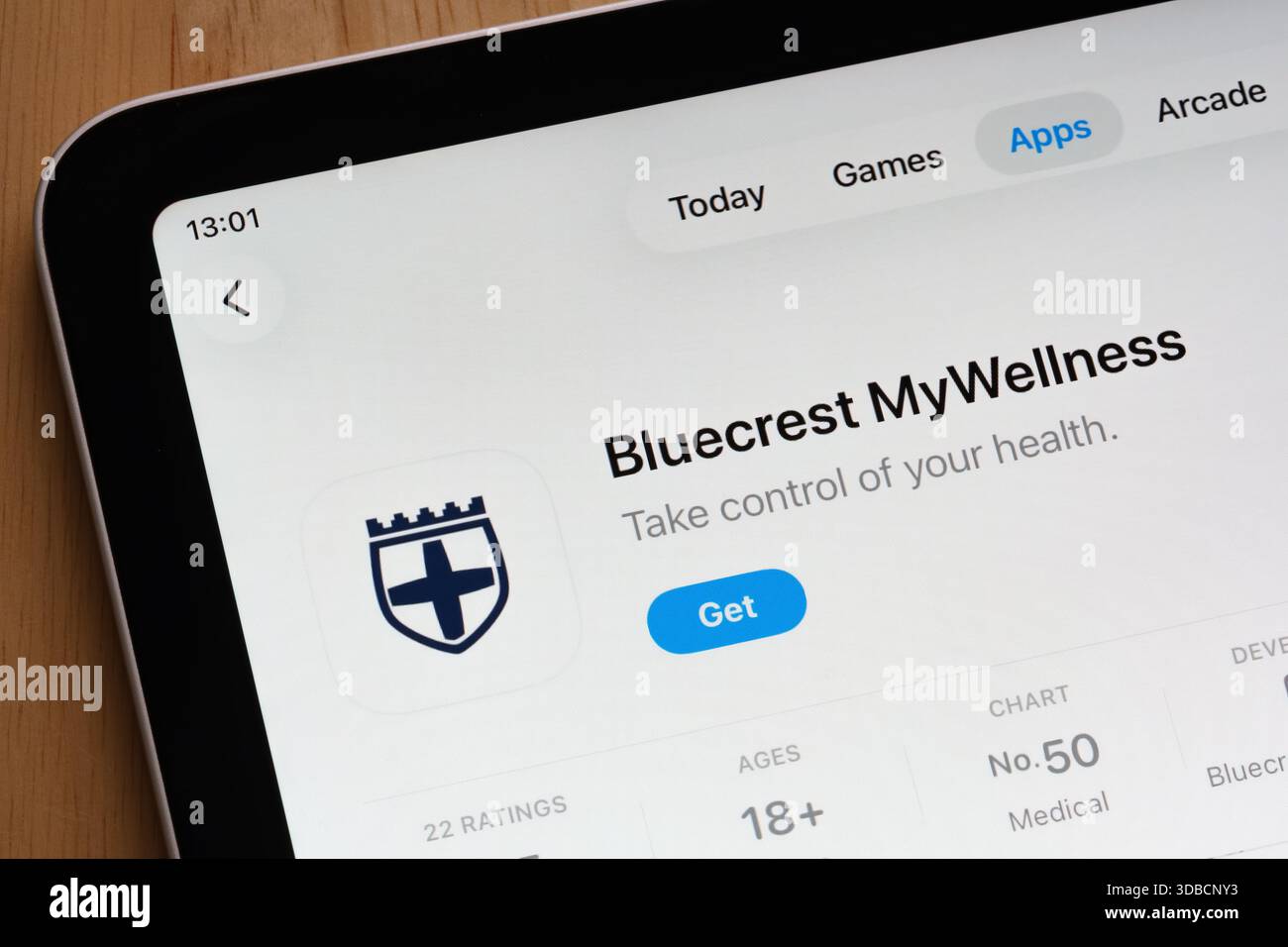 Liste des logiciels médicaux Bluecrest MyWellness capturée sur l'interface de l'App Store de l'iPad. Stafford, Royaume-Uni, 15 décembre 2025 Banque D'Images
