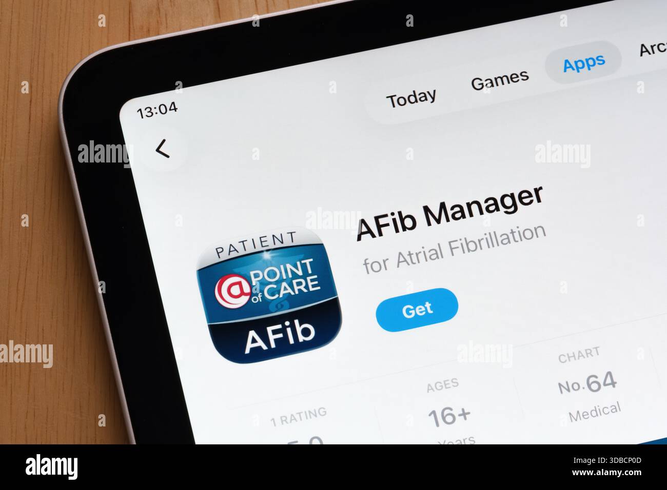 Liste des applications Afib Manager affichée sur l'App Store Apple iPad avec évaluation et résumé. Stafford, Royaume-Uni, 15 décembre 2025 Banque D'Images