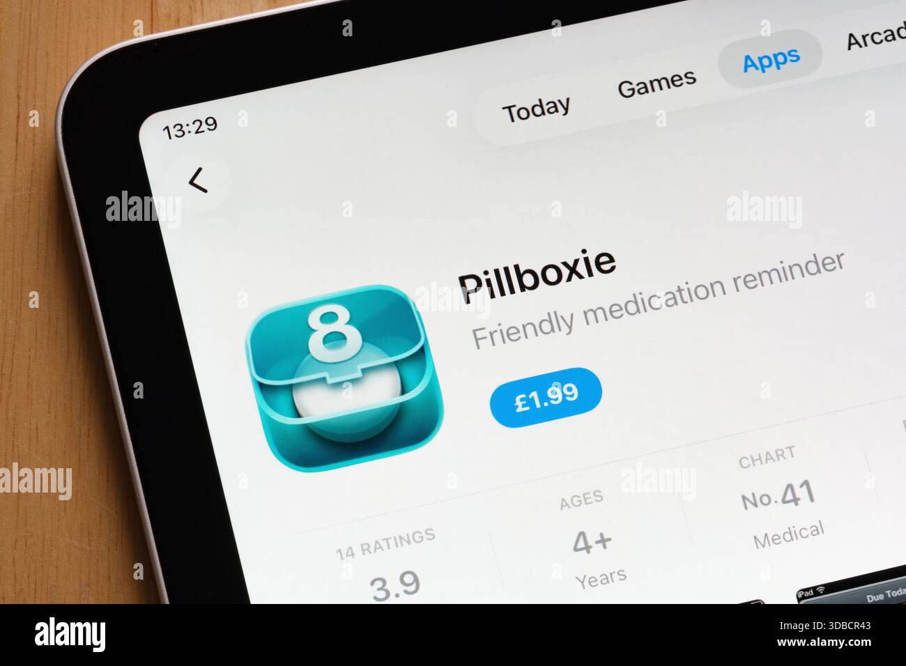 Pillboxie populaire application de santé mise en évidence sur la page Apple iPad App Store. Stafford, Royaume-Uni, 15 décembre 2025 Banque D'Images