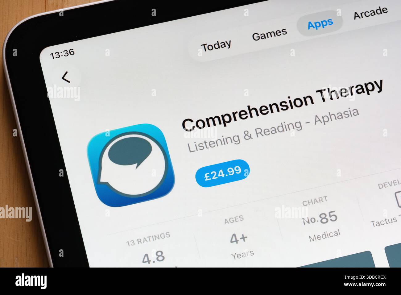 Application de soins de santé compréhension Therapy présentée sur l'App Store d'Apple iPad avec des détails. Stafford, Royaume-Uni, 15 décembre 2025 Banque D'Images