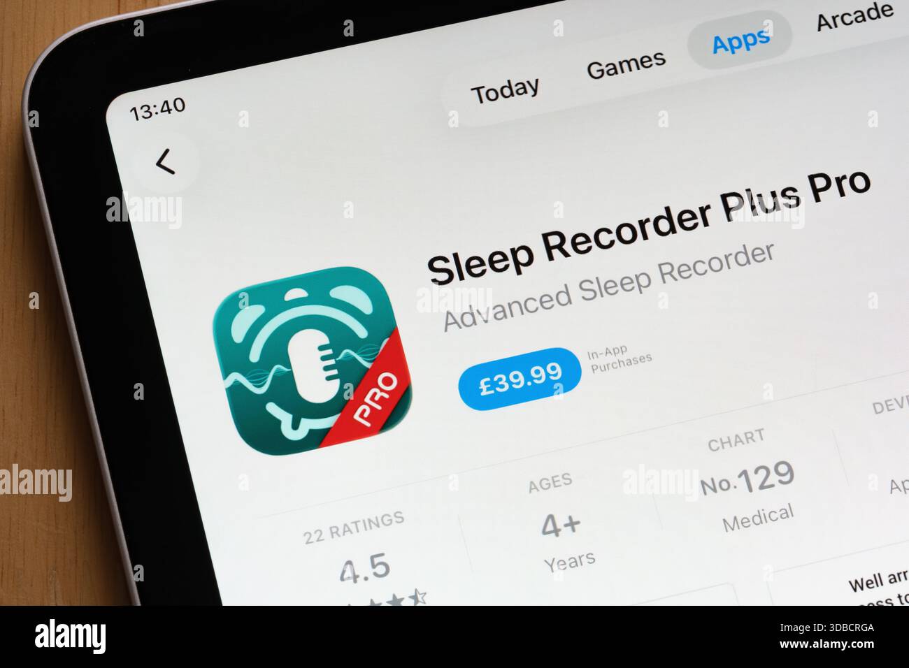 Sleep Recorder plus Pro application de santé populaire mise en évidence sur la page Apple iPad App Store. Stafford, Royaume-Uni, 15 décembre 2025 Banque D'Images