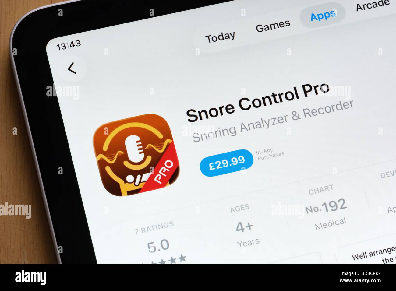 Liste du logiciel médical Snore Control Pro capturée sur l'interface de l'iPad App Store. Stafford, Royaume-Uni, 15 décembre 2025 Banque D'Images