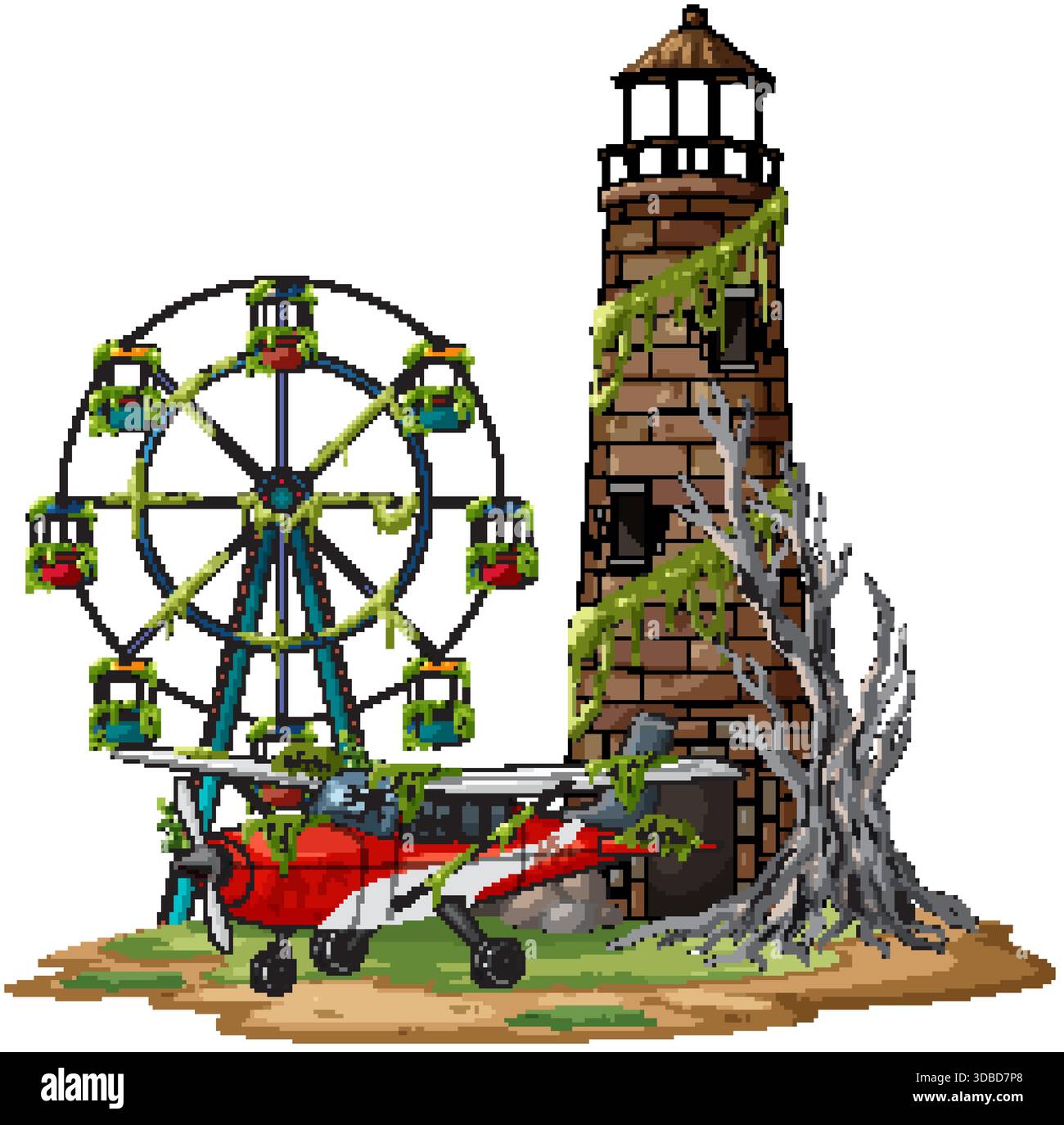 Illustration vectorielle colorée d'un phare abandonné, d'une grande roue rouillée et d'un avion mis au sol avec une végétation envahie Illustration de Vecteur