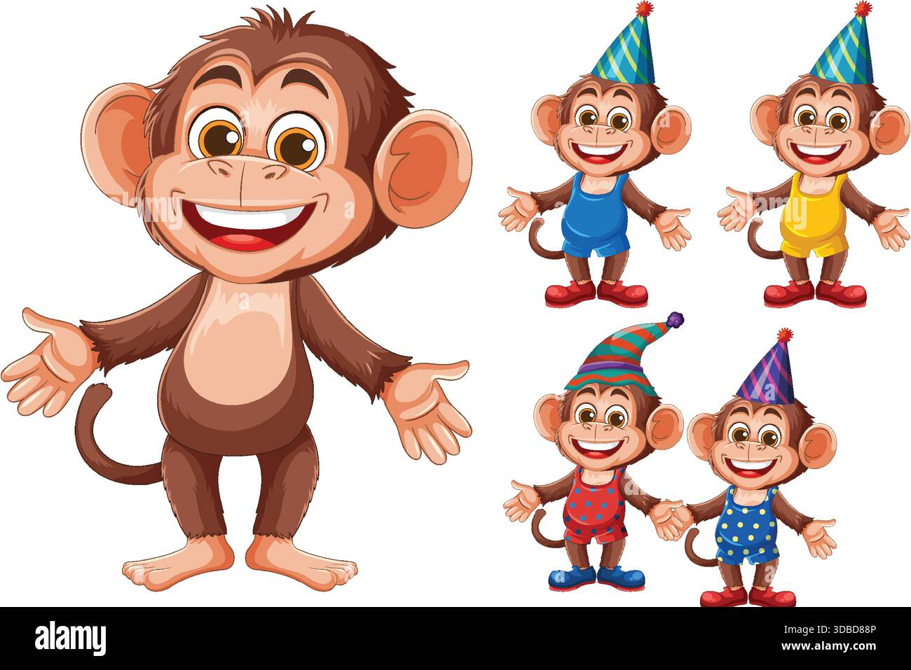 Illustration vectorielle d'un singe de bande dessinée joyeux avec quatre variations de chapeaux et de tenues de fête colorés, en utilisant des couleurs vives et des contours propres Illustration de Vecteur