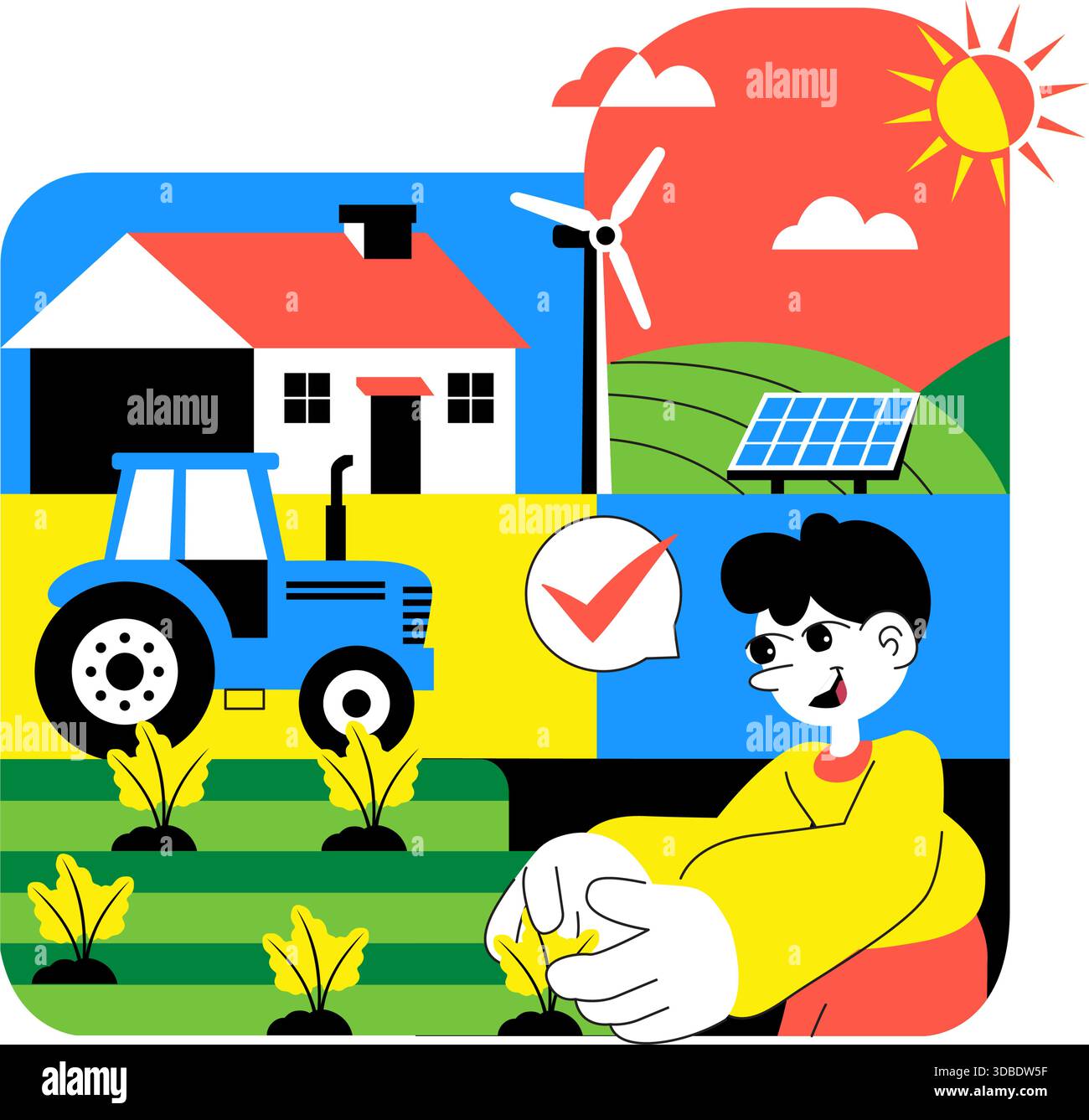 Illustration de la production alimentaire durable mettant en vedette la croissance, l'alimentation respectueuse de l'environnement, l'efficacité des ressources, la biodiversité et la production locale Illustration de Vecteur