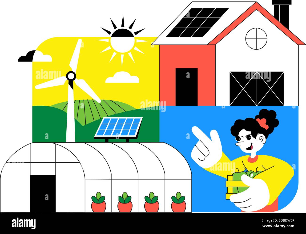 Illustration de la production alimentaire durable mettant en vedette la croissance, l'alimentation respectueuse de l'environnement, l'efficacité des ressources, la biodiversité et la production locale Illustration de Vecteur