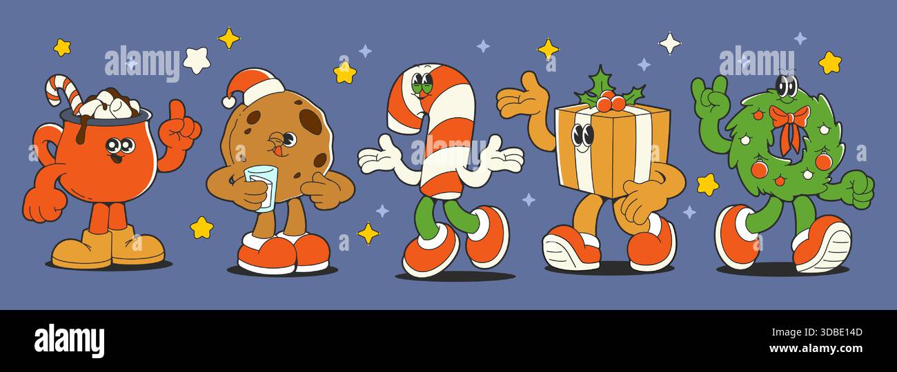 Personnages de Noël de dessin animé rétro groovy avec un style d'autocollant drôle - tasse de cacao et cookie, canne à bonbons, boîte cadeau et mascottes de couronnes de vacances. Ensemble Noël hiver dans des couleurs vives pour un design festif. Illustration de Vecteur