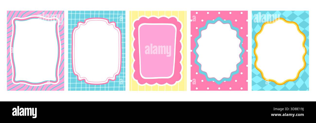 Cadres ondulés festonnés isolés sur fond blanc. Illustration vectorielle de bande dessinée de bordures de couleurs vives avec des points abstraits, des lignes, des motifs à damier, des modèles ovales et rectangulaires pour des affiches pour enfants mignons Illustration de Vecteur