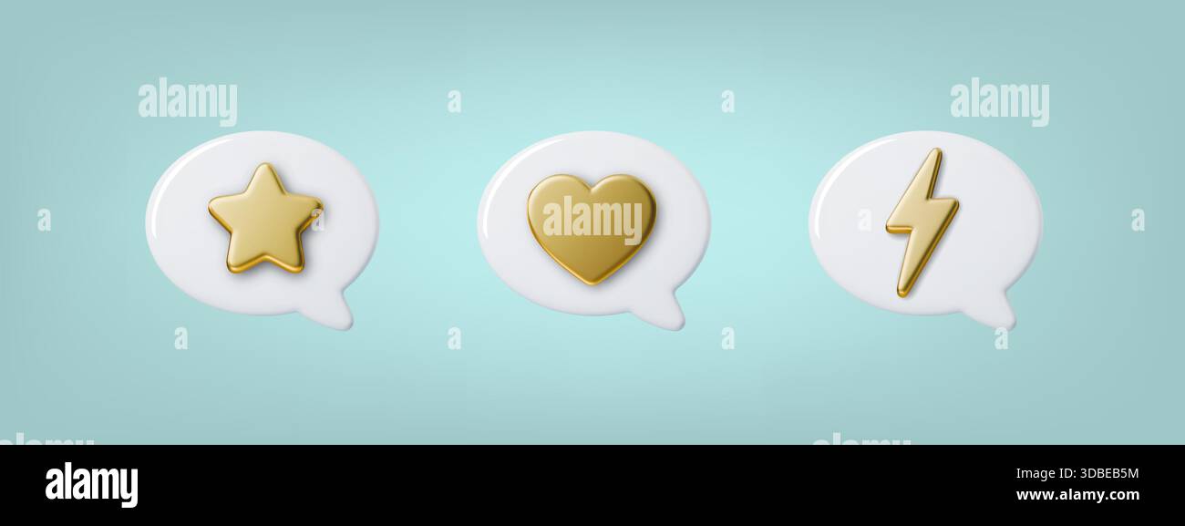 Bulles de parole 3D avec des éclairs et des étoiles dorées, coeur. Icônes de chat brillantes pour les applications de messagerie, les notifications de médias sociaux et modernes Illustration de Vecteur