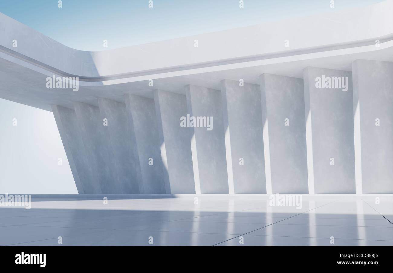 Terrain vide avec fond de bâtiment blanc, rendu 3D. Illustration 3D. Banque D'Images