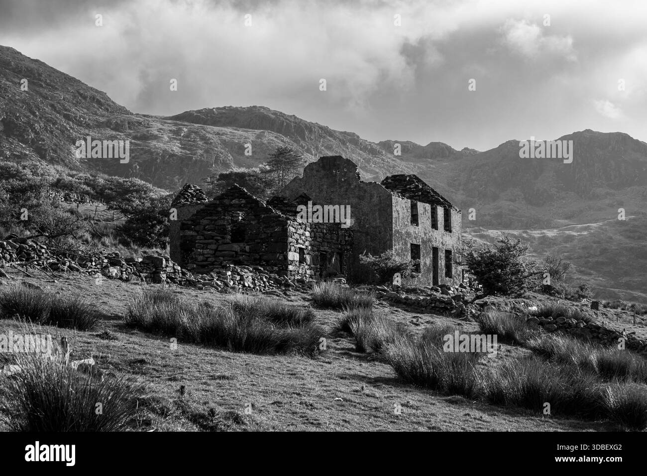 Chalet abandonné à la carrière d'ardoise de Gorseddau en noir et blanc Banque D'Images
