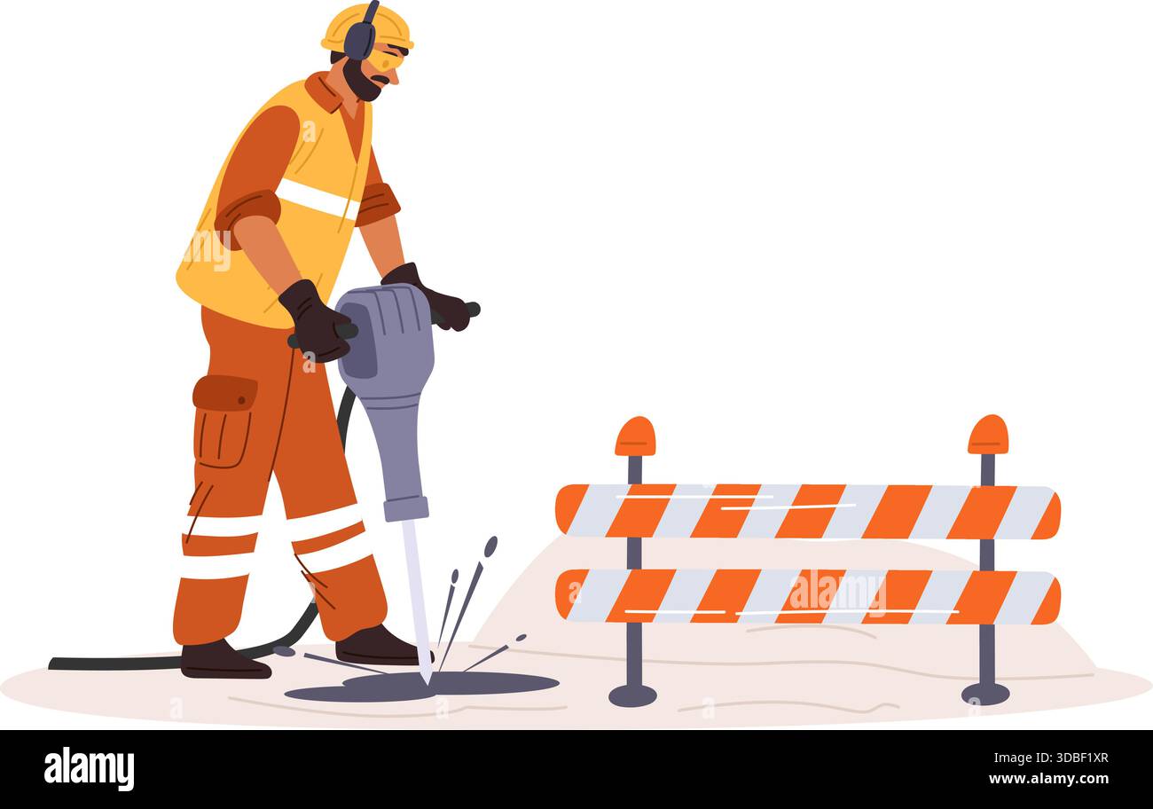 Un ouvrier routier ou un ouvrier du bâtiment utilise un marteau-piqueur tout en portant des vêtements de protection. Réparation de rue. Outil de creusement pour travaux routiers. Rénovation d'asphalte Illustration de Vecteur