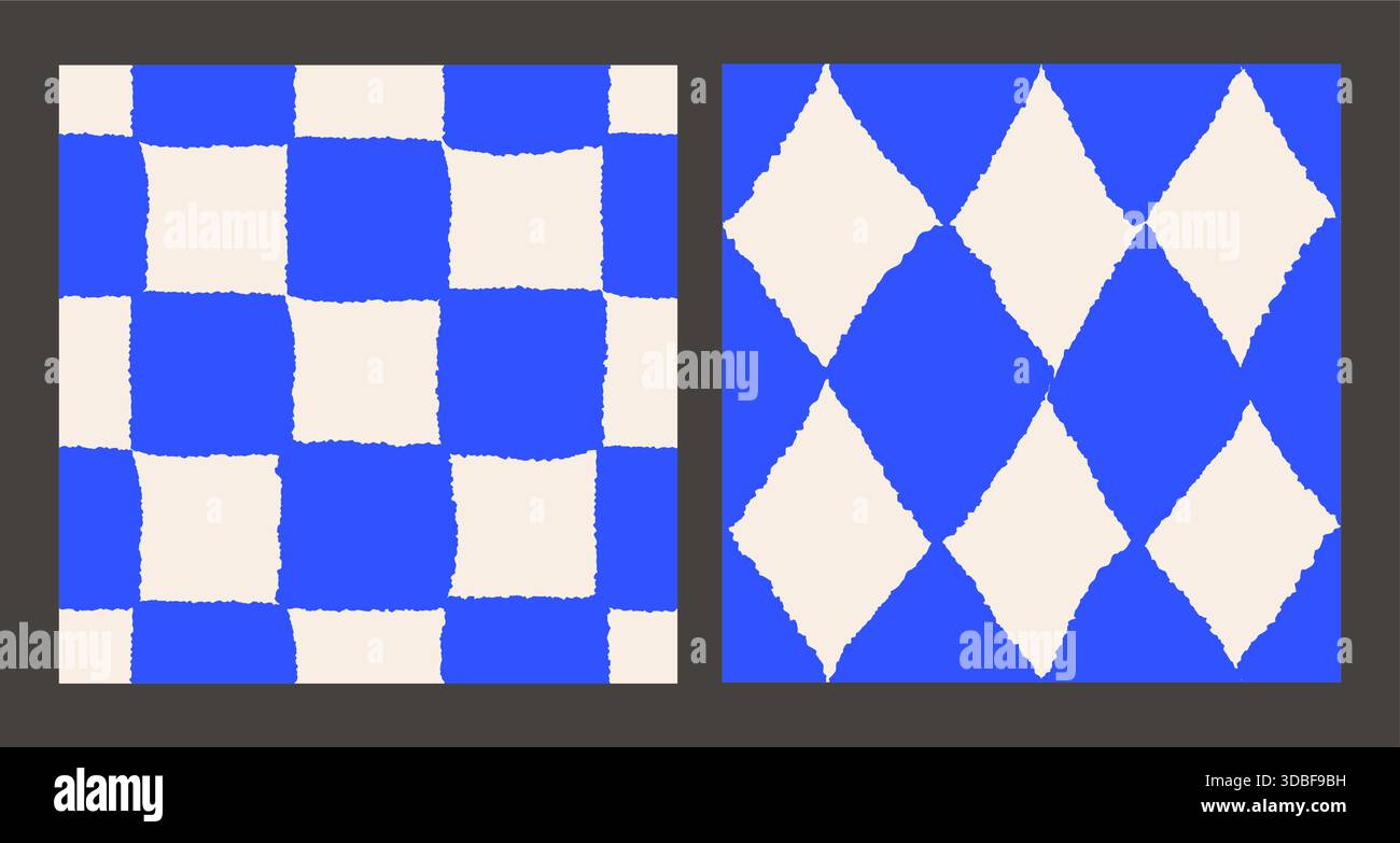 Motifs sans couture carrés de damier bleus rugueux et ensemble de vecteurs de losanges dessinés à la main Illustration de Vecteur