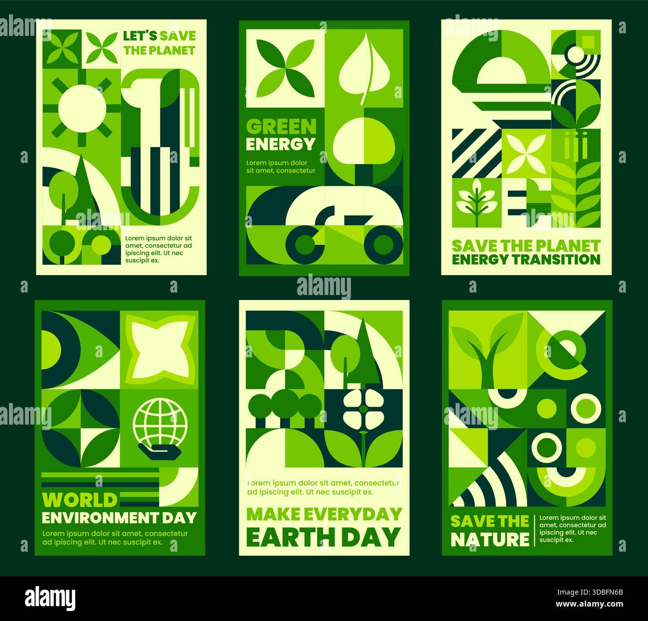 Affiches écologie de l'environnement avec des motifs Bauhaus géométriques verts. Carte vectorielle géométrique de protection de l'écologie, bannière de modèle Bauhaus jour de la nature. Affiche ou circulaire sur l'environnement propre avec des formes vertes Illustration de Vecteur
