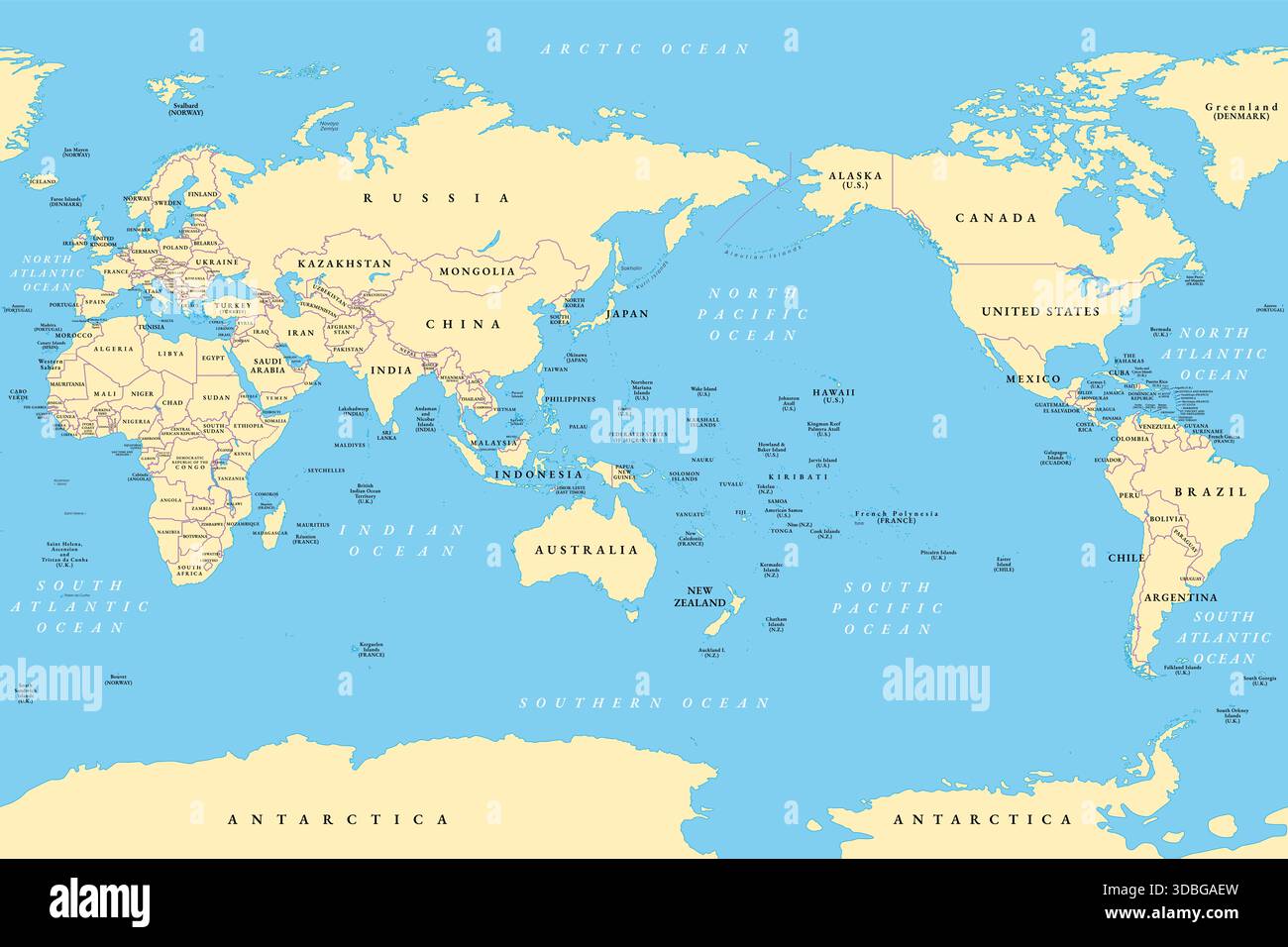 Carte du monde centrée sur le Pacifique. Carte politique en projection cylindrique, plaçant l'océan Pacifique au centre, mettant l'accent sur le pourtour du Pacifique. Banque D'Images