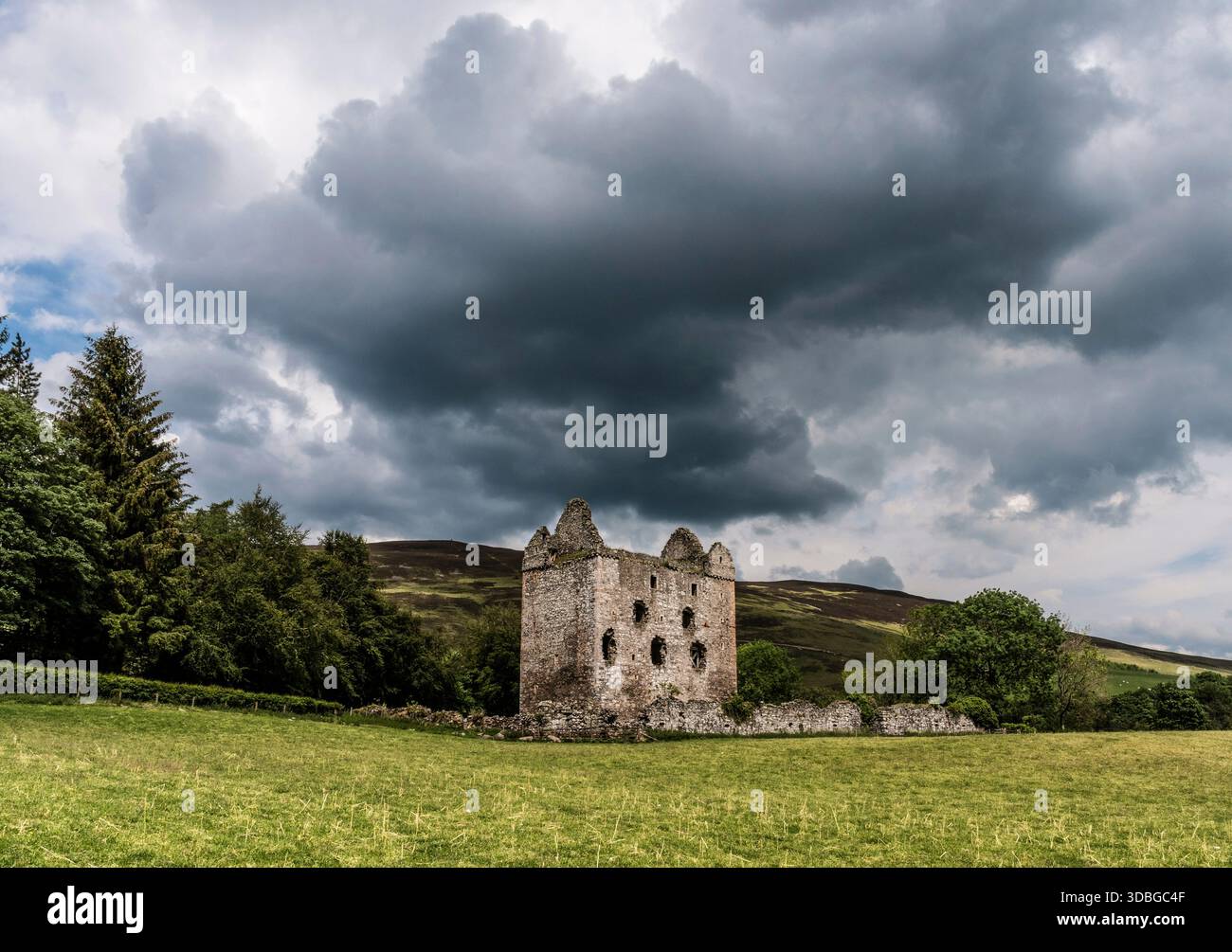 Les ruines anciennes de la tour de pierre se trouvent dans un champ vert avec des nuages sombres d'orage au-dessus, de façon spectaculaire. Banque D'Images