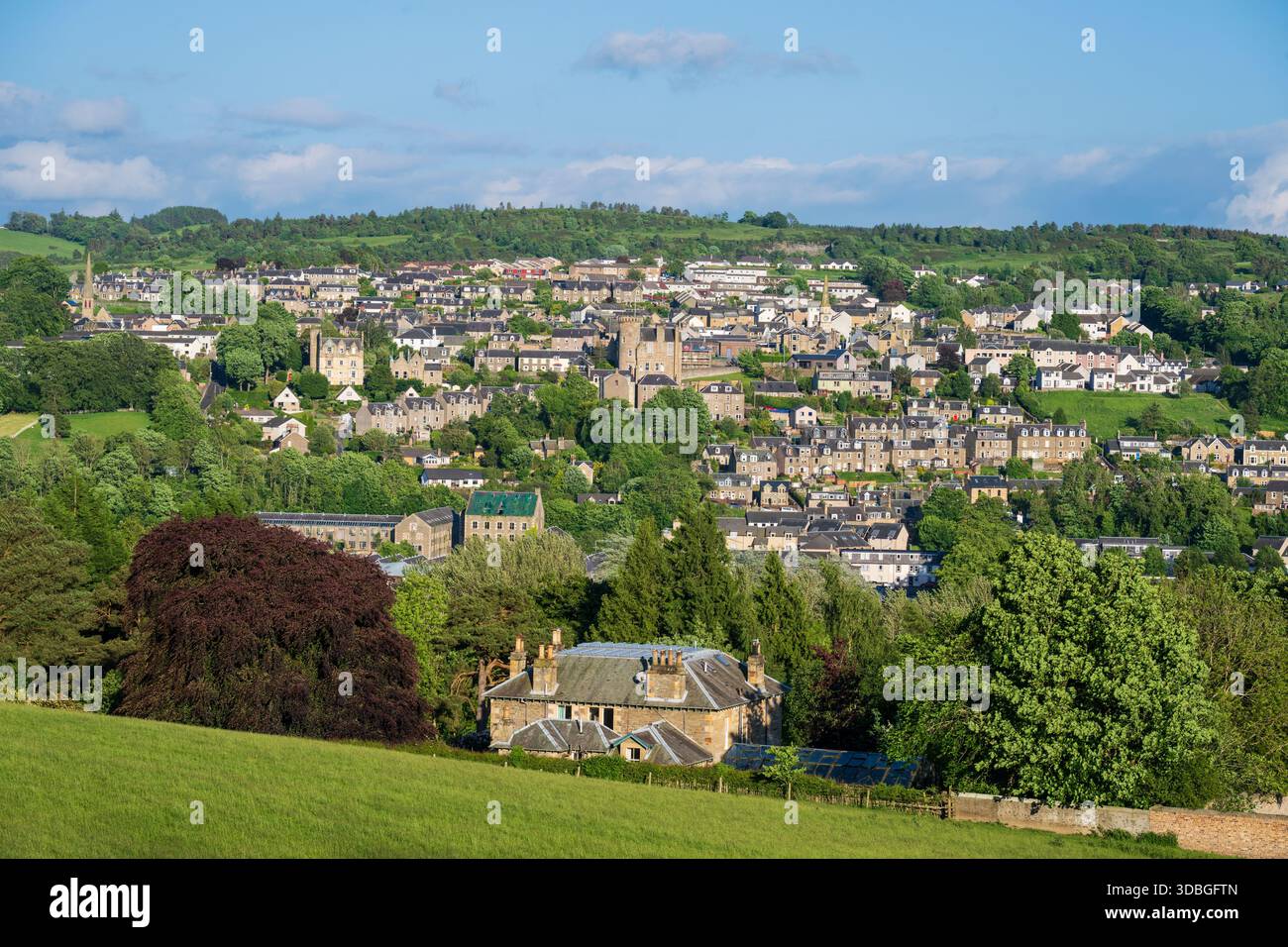 Vue panoramique sur Selkirk avec campagne luxuriante, vieilles maisons en pierre et cloche de l'église. Banque D'Images