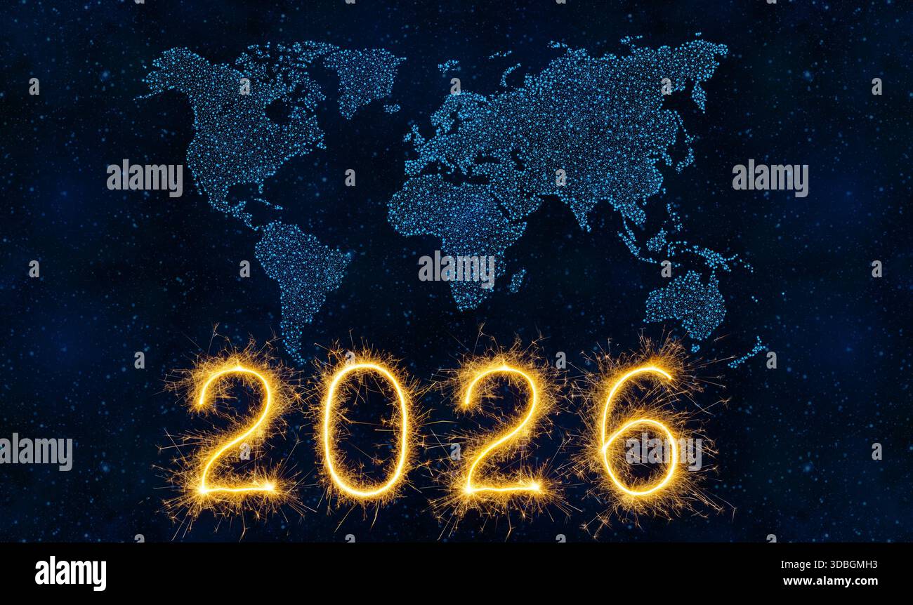 Carte du monde sur Blue Night Sky avec feux d'artifice du nouvel an 2026 Banque D'Images