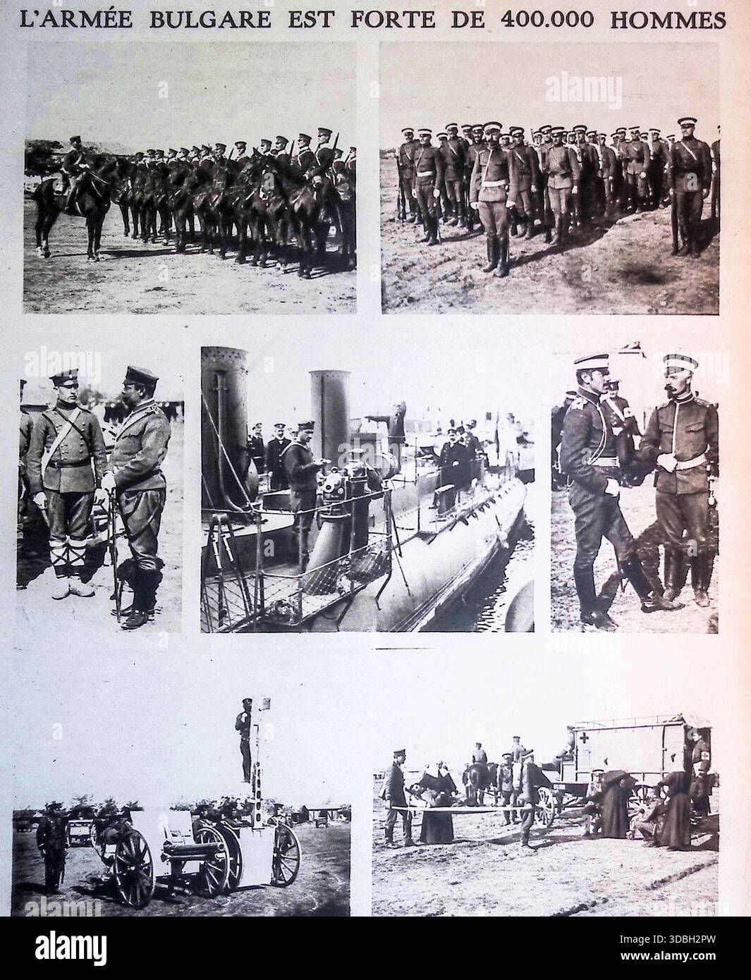 Page du magazine français le miroir, datée du dimanche 17 octobre 1915, intitulée 'L'Armée bulgare est forte de 400,000 hommes'. Le montage photo montre des officiers et des soldats appartenant aux principales branches des troupes bulgares. Images : cavalerie, infanterie en tenue de campagne, officiers et sous-officiers, artilleurs de marine sur un torpilleur, artillerie de campagne, artillerie de campagne légère et équipage d'ambulance. L'intention de l'article était d'informer les lecteurs de l'entrée récente de la Bulgarie dans la première Guerre mondiale du côté des puissances centrales. Banque D'Images
