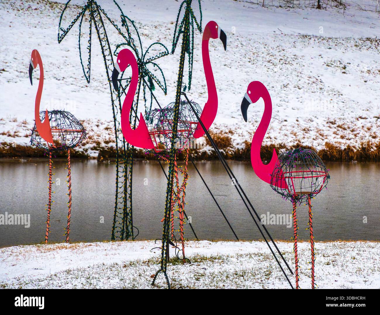 Un troupeau d'ornements de jardin Flamingo rose dans la neige Banque D'Images