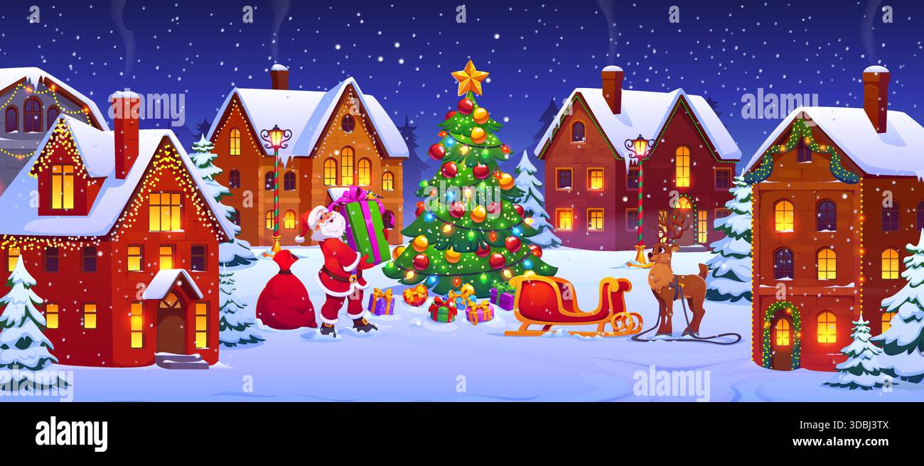 Paysage de ville enneigée d'hiver, Père Noël avec cadeau Illustration de Vecteur