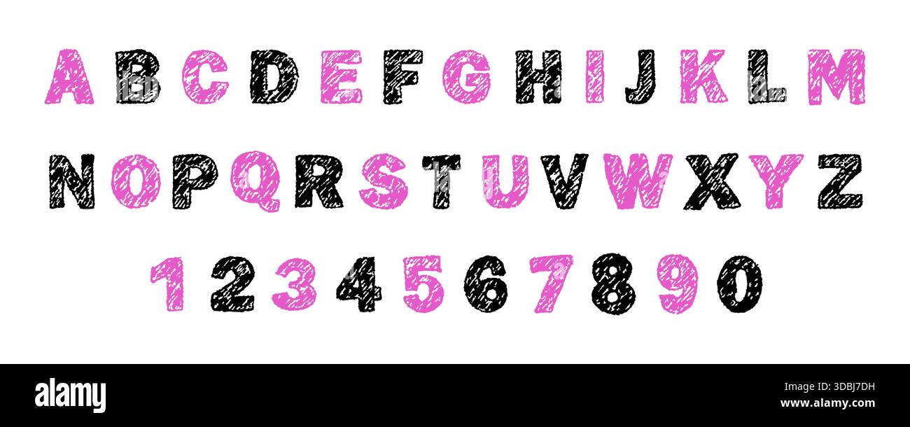 Crayon alphabet anglais. Police audacieuse et ludique. Texture griffonner pour les titres et les dessins pour les enfants, les fêtes ou l'éducation. Illustration vectorielle Illustration de Vecteur