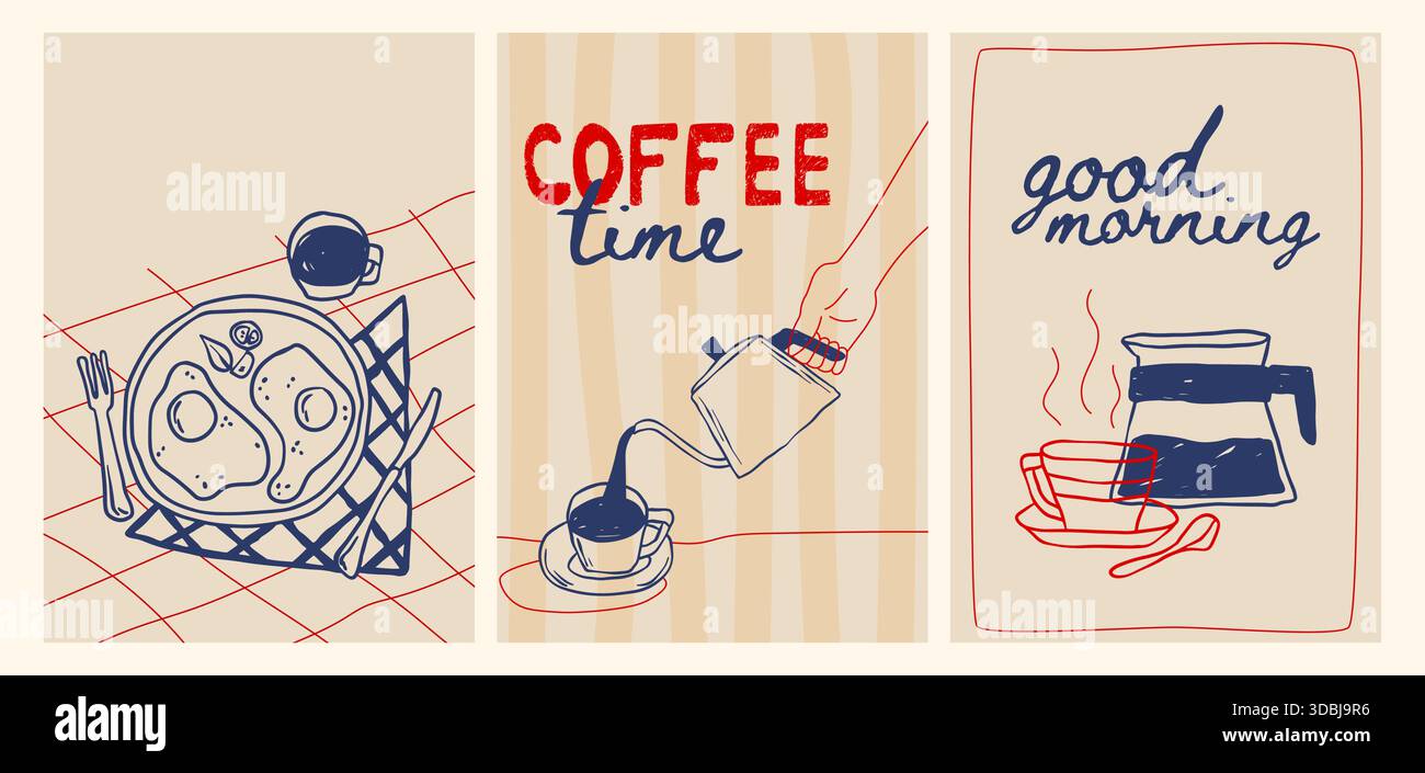 Ensemble d'affiches de petit-déjeuner au crayon dessinées à la main. Illustration vectorielle de doodle main versant le café de la bouilloire dans la tasse, œufs frits servis sur l'assiette, croquis rétro de café expresso, conception de menu de déjeuner de restaurant Illustration de Vecteur