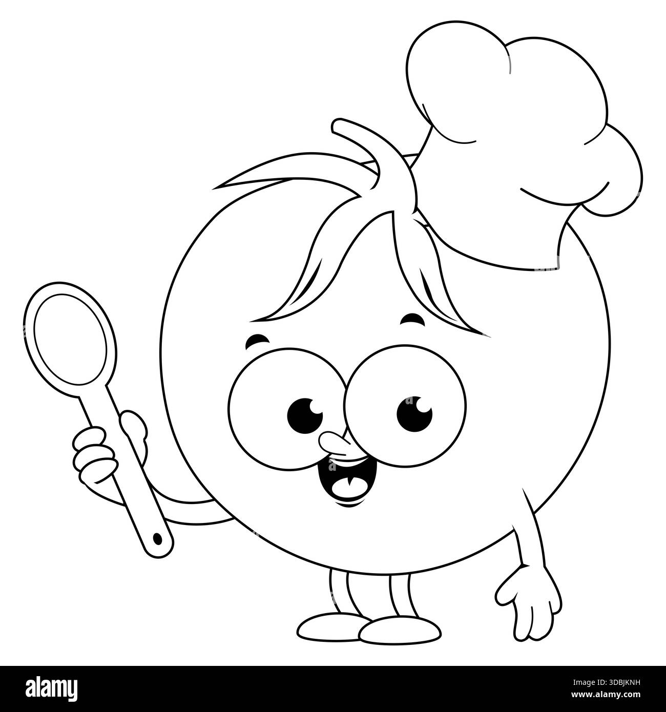 Chef de tomate de dessin animé tenant une cuillère de cuisine. Drôle de caractère végétal de cuisine. Mascotte tomate ketchup Cook. Coloriage noir et blanc. Banque D'Images