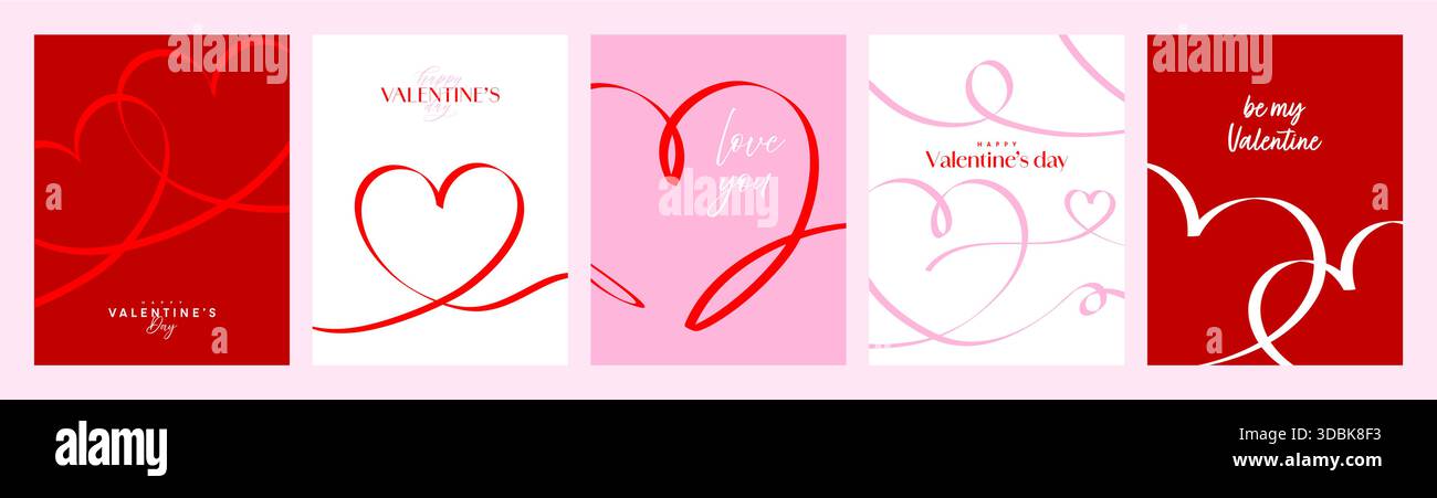 Collection de modèles de conception vectorielle de carte de voeux de bonne Saint-Valentin, ensemble d'affiches de Saint-Valentin, couverture de décoration d'art de ligne de coeur rose et rouge Illustration de Vecteur