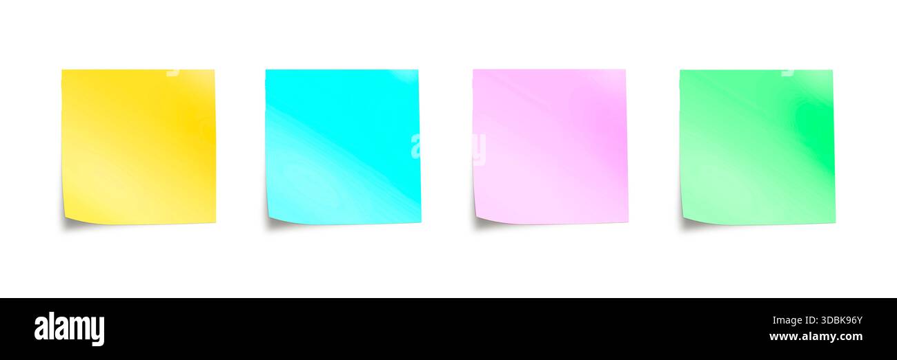 Ensemble de quatre notes collantes de couleur pastel, isolées sur fond blanc, découpées avec ombre Banque D'Images