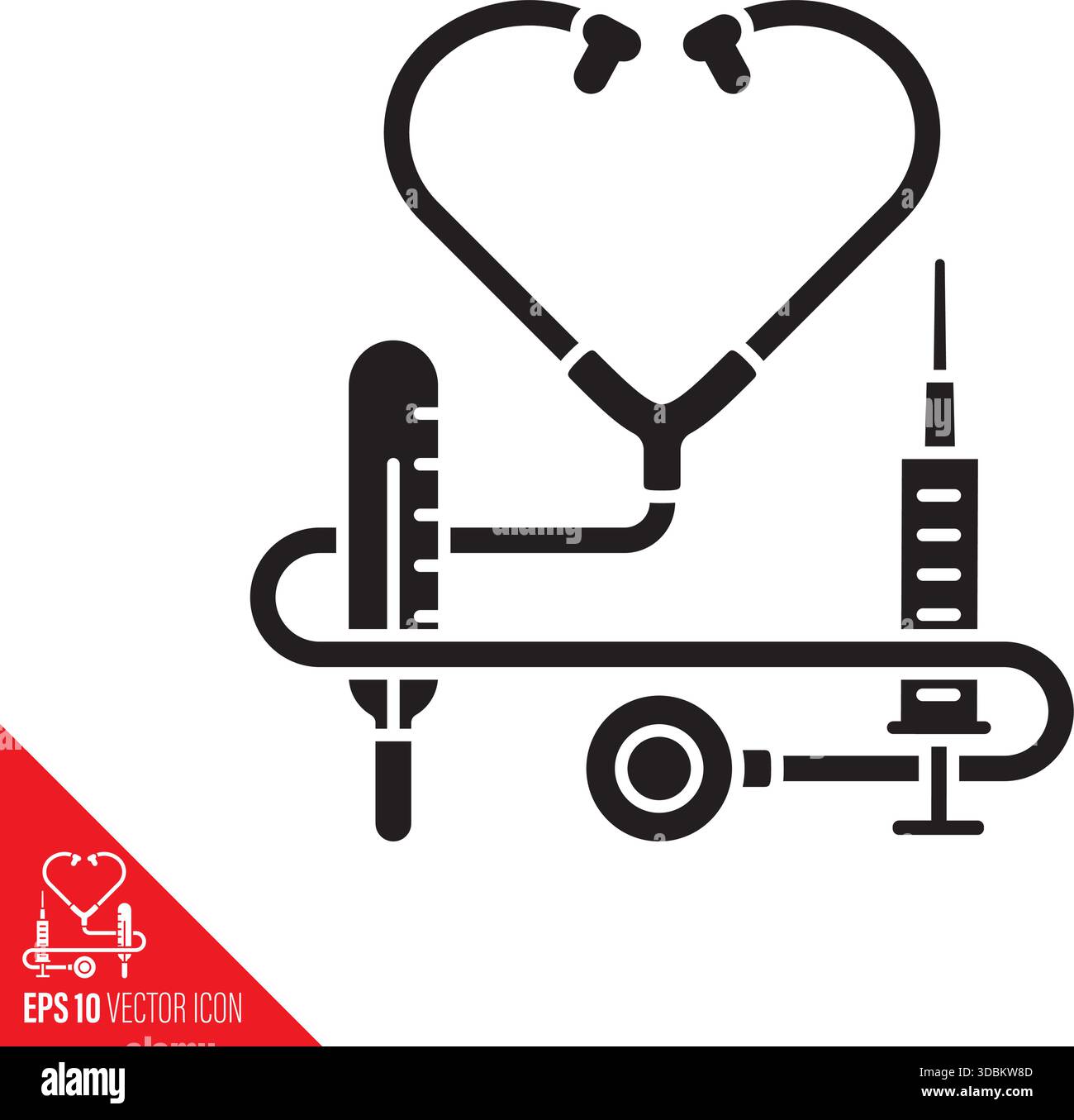 Icône de glyphe vectoriel stéthoscope, thermomètre et seringue pour la Journée des médecins le 30 mars. Symbole des outils médicaux. Illustration de Vecteur