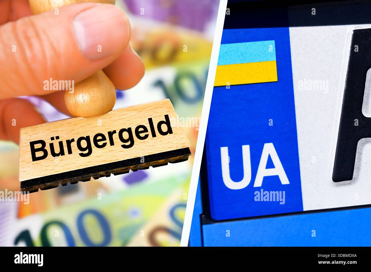 Main tenant timbre avec inscription revenu du citoyen et plaque d'immatriculation ukrainienne, photo symbolique revenu du citoyen pour les réfugiés ukrainiens, photomontage Banque D'Images