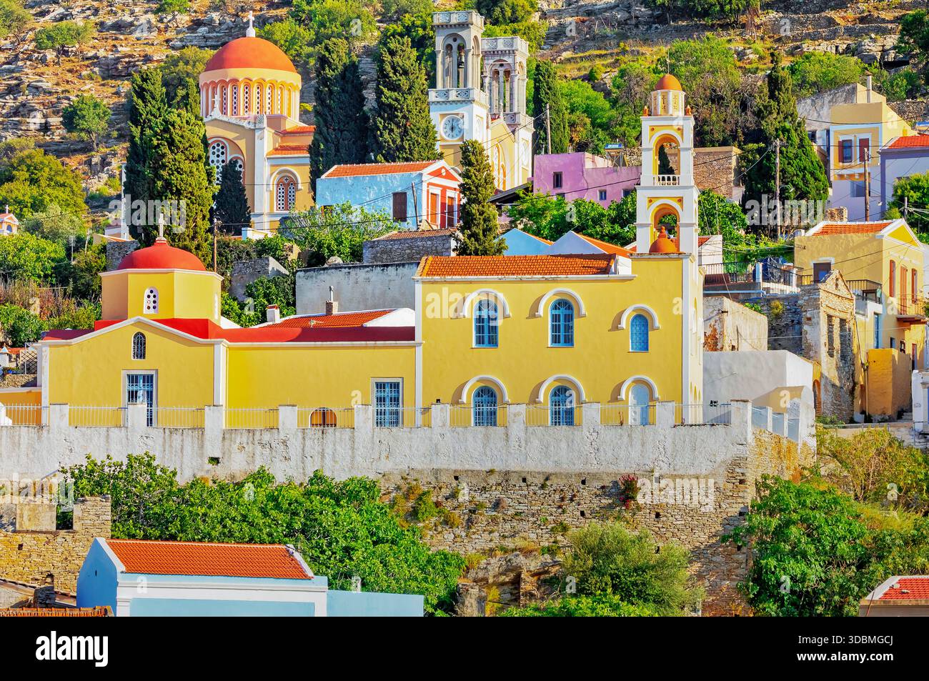 Église orthodoxe, Chorio, île de Symi, îles du Dodécanèse, Grèce Banque D'Images