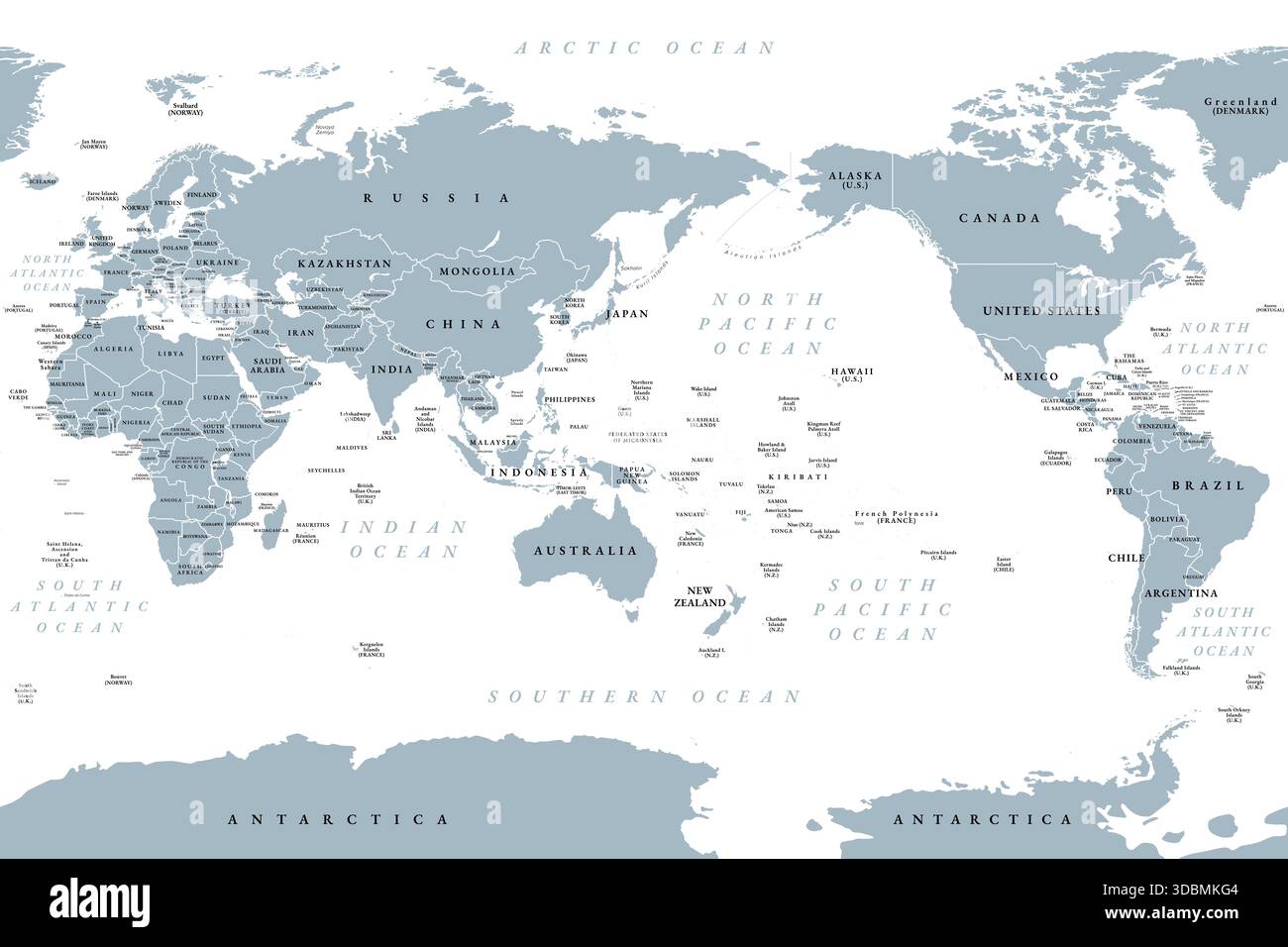 Carte du monde centrée sur le Pacifique. Carte politique grise, plaçant l'océan Pacifique au centre, montrant l'Asie, l'Océanie et les Amériques autour de lui. Banque D'Images