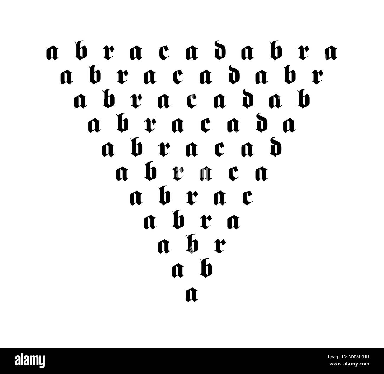 Abracadabra, un mot magique, écrit en lettres minuscules Fraktur. Incantation protectrice sur amulettes et en magie de scène. Triangle équilatéral. Banque D'Images