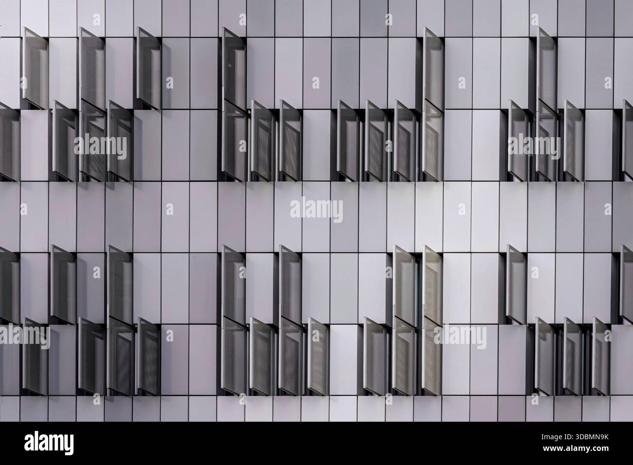 Graz, Autriche, façade du CAMPUS MED Graz avec panneaux de revêtement en huit nuances de gris et rangées d'éléments de fenêtre verticaux saillants. Architectes Riegler Riewe. Banque D'Images