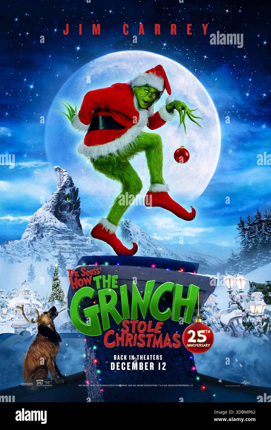 How the Grinch Stole Christmas de Dr Seuss (2000) réalisé par Ron Howard et mettant en vedette Jim Carrey, Taylor Momsen et Jeffrey Tambor. Un reclus vert misanthropique vivant au-dessus de Whoville parcourt à ruiner le Noël de la ville mais découvre à la place le vrai sens de la fête. Affiche US Advance pour la réédition du 25e anniversaire UNIQUEMENT POUR USAGE ÉDITORIAL. Crédit : BFA / Universal Pictures Banque D'Images