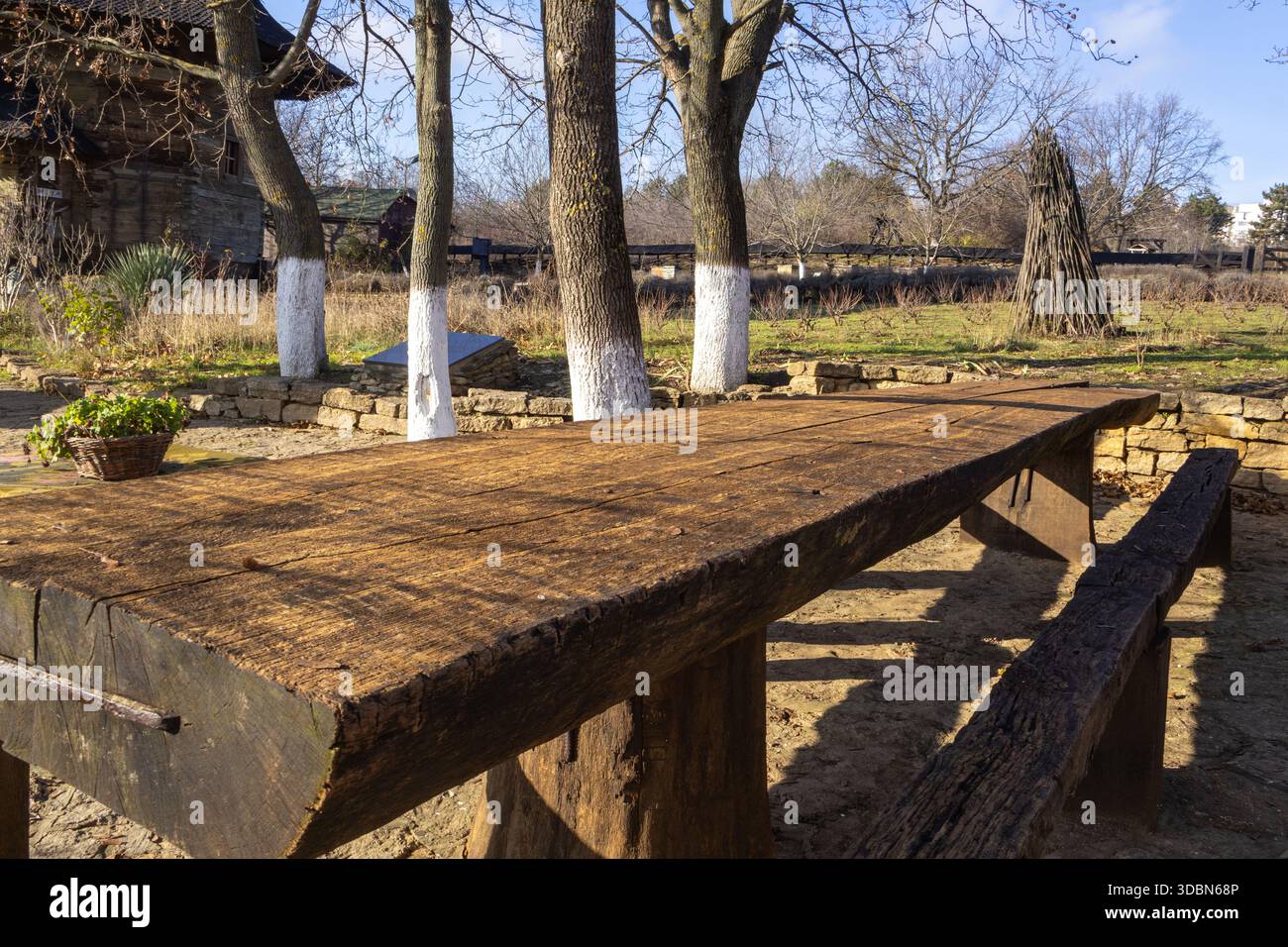 Table de pique-nique en bois vieilli en gros plan Banque D'Images