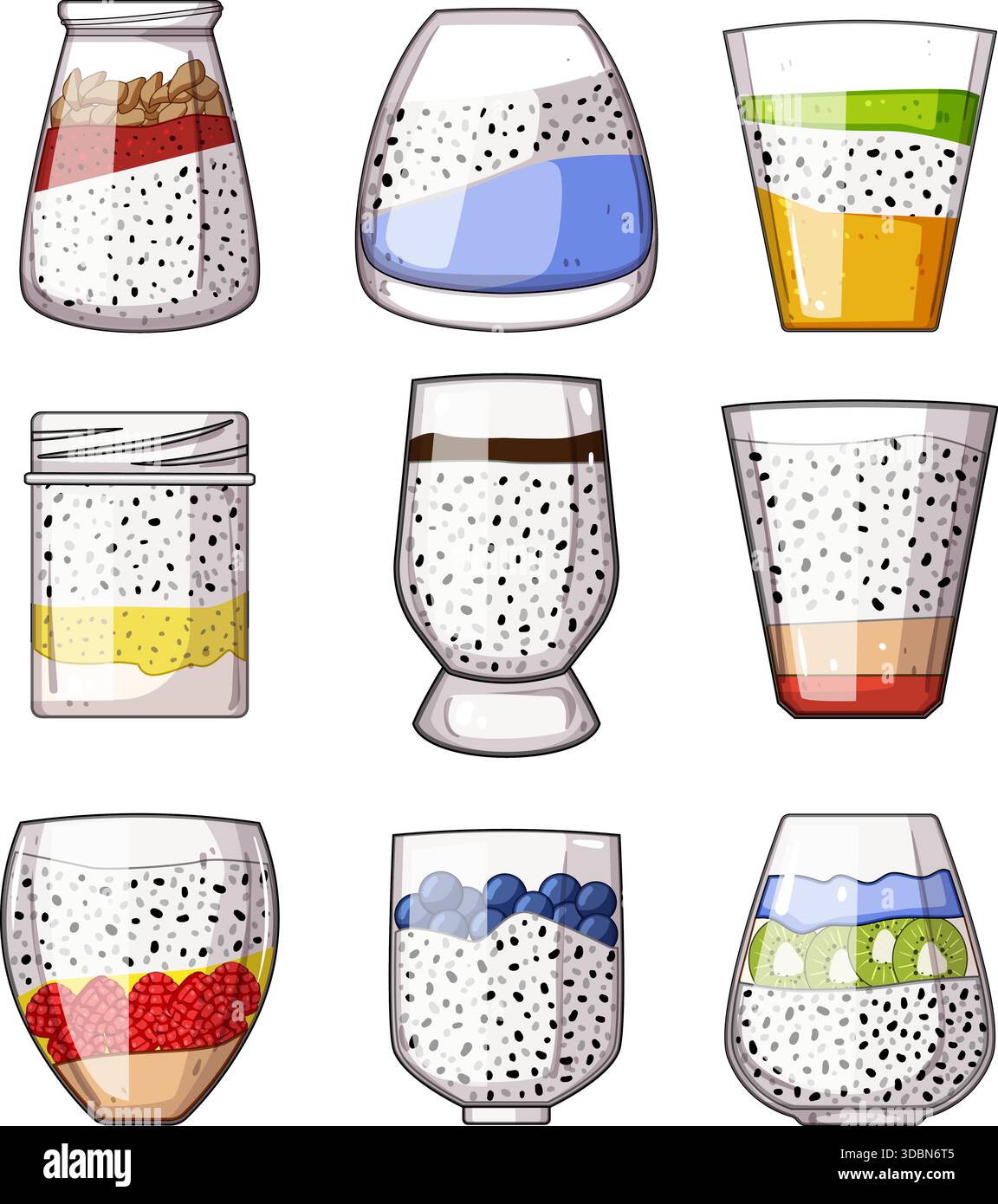 Puddings de graines de chia dans divers verres et bocaux illustrant des options de petit-déjeuner saines Illustration de Vecteur