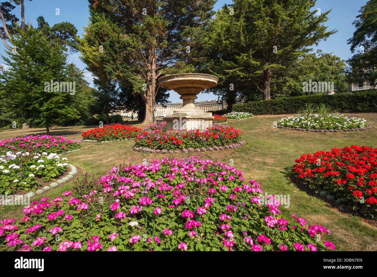 Angleterre, Somerset, Bath, Royal Victoria Park, Flower Beds et Royal Cresent Banque D'Images