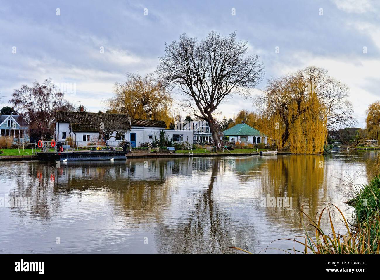 Maisons excusives sur l'île des Pharaohs au bord de la rivière à Shepperton un jour d'hiver sombre, Surrey Angleterre Royaume-Uni Banque D'Images