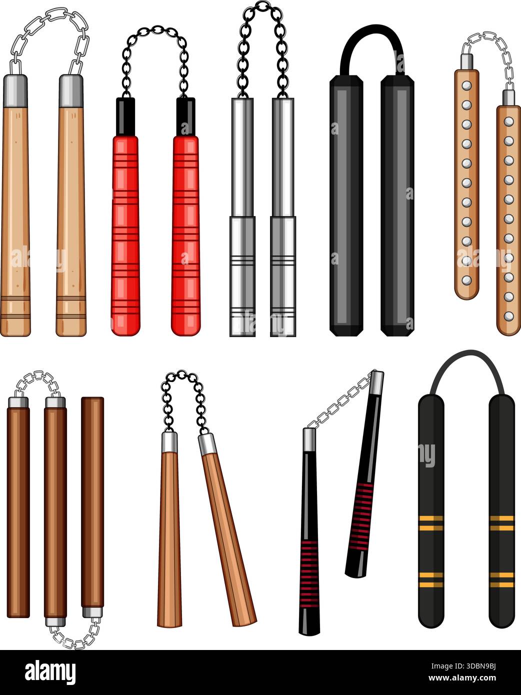 Nunchaku arts martiaux entraînement armes de divers styles collection Illustration de Vecteur