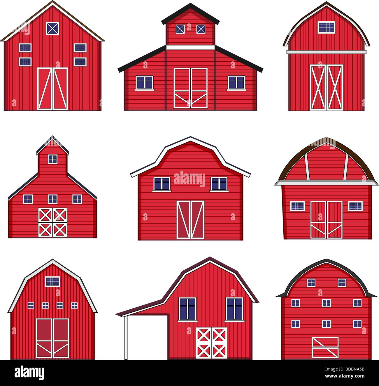 Les granges de ferme rouges ont défini des illustrations vectorielles représentant des bâtiments agricoles Illustration de Vecteur