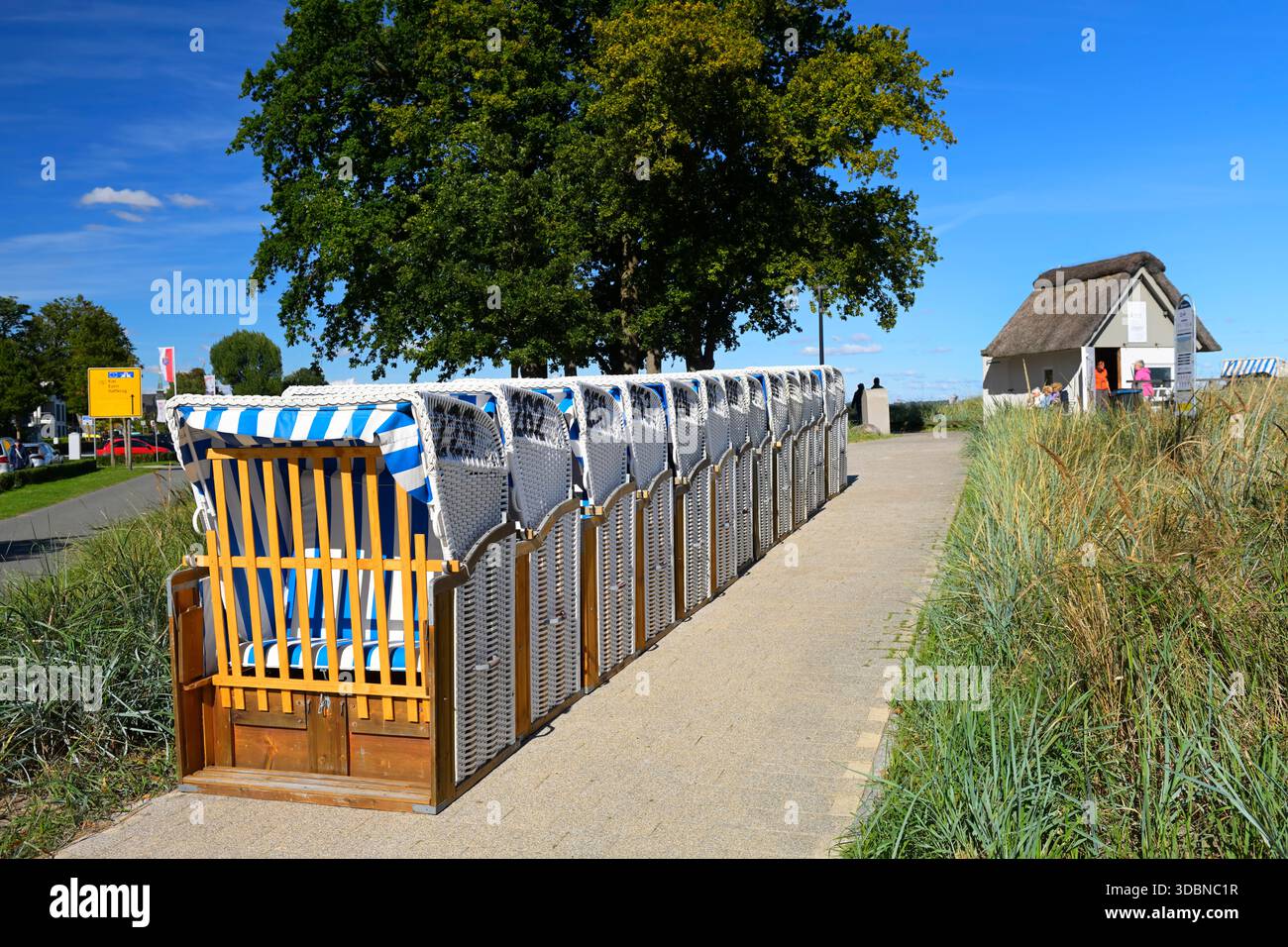 Chaises de plage alignées pour être enlevées à la fin de la saison estivale à Scharbeutz, Schleswig-Holstein, Allemagne Banque D'Images