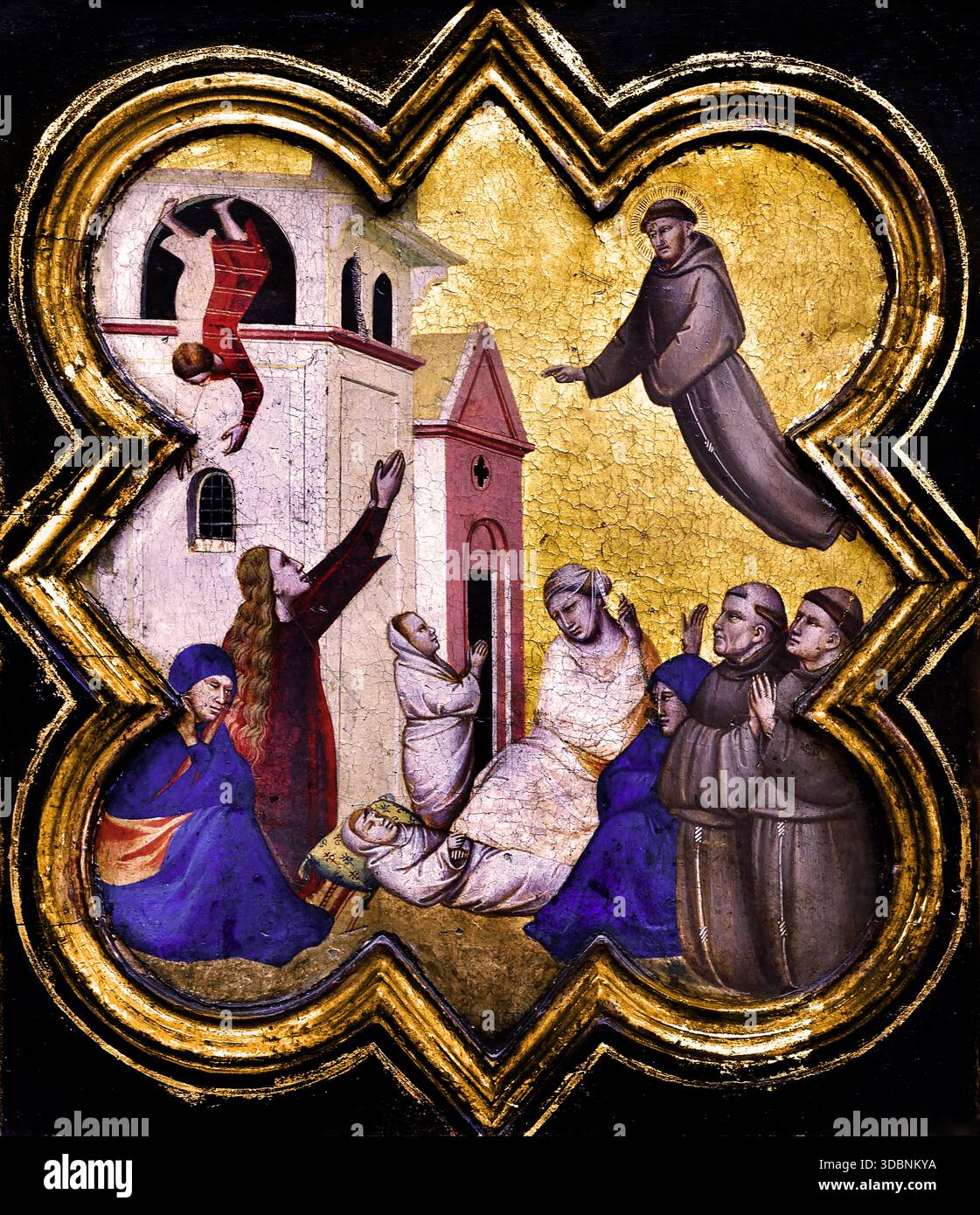 Saint François réveille un enfant par Bernardo Daddi 1290 - 1348 Florence peintre du XIVe siècle Italie Italien ( Saint François d'assise, ( Giovanni di Pietro di Bernardone ), mystique frère catholique italien, fondateur des franciscains, et l'une des figures les plus vénérées du christianisme, il a été inspiré pour mener une vie, la pauvreté et la prédication itinérante. Le pape Grégoire IX, canonisé le 16 juillet 1228, ) Banque D'Images
