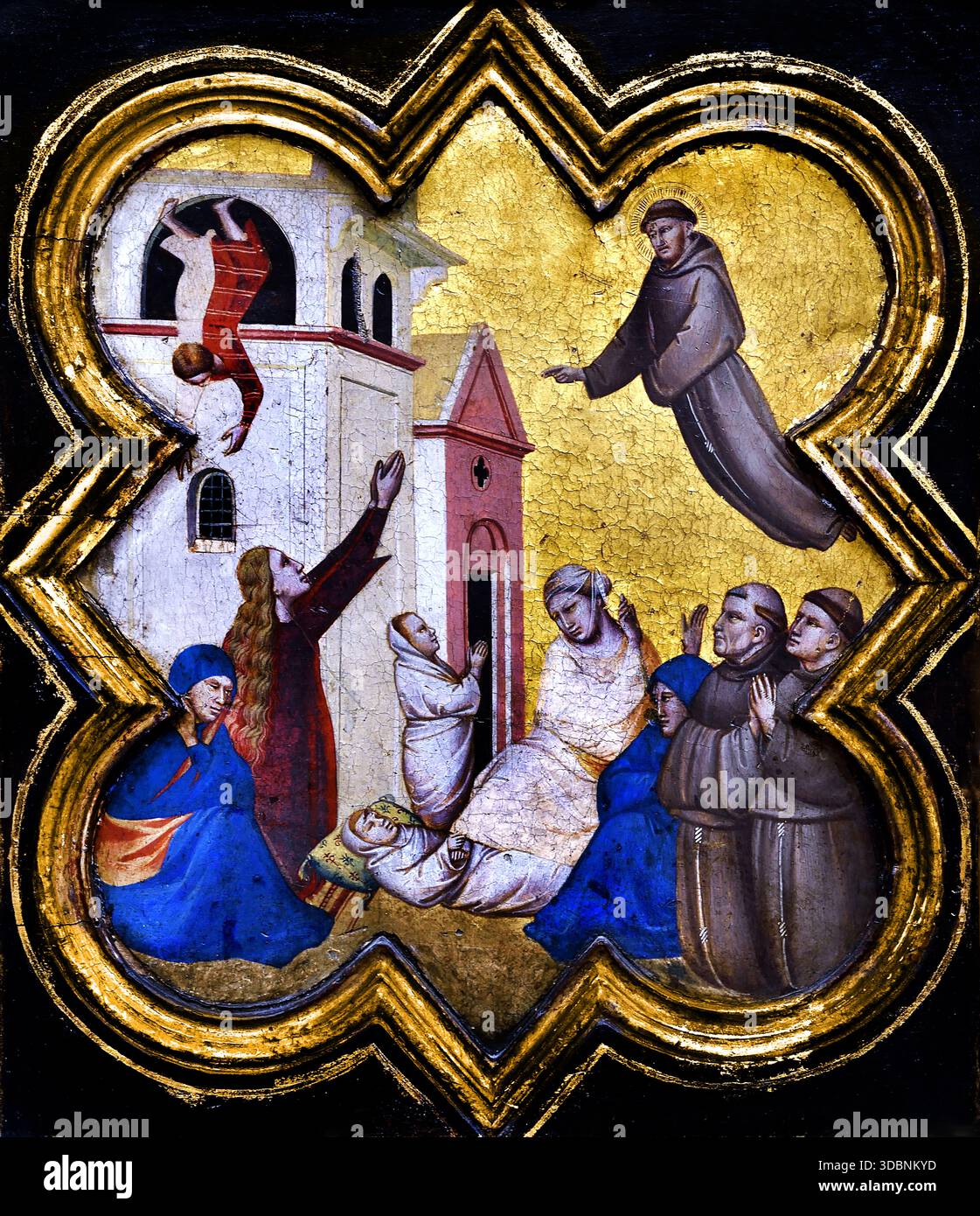 Saint François réveille un enfant par Bernardo Daddi 1290 - 1348 Florence peintre du XIVe siècle Italie Italien ( Saint François d'assise, ( Giovanni di Pietro di Bernardone ), mystique frère catholique italien, fondateur des franciscains, et l'une des figures les plus vénérées du christianisme, il a été inspiré pour mener une vie, la pauvreté et la prédication itinérante. Le pape Grégoire IX, canonisé le 16 juillet 1228, ) Banque D'Images
